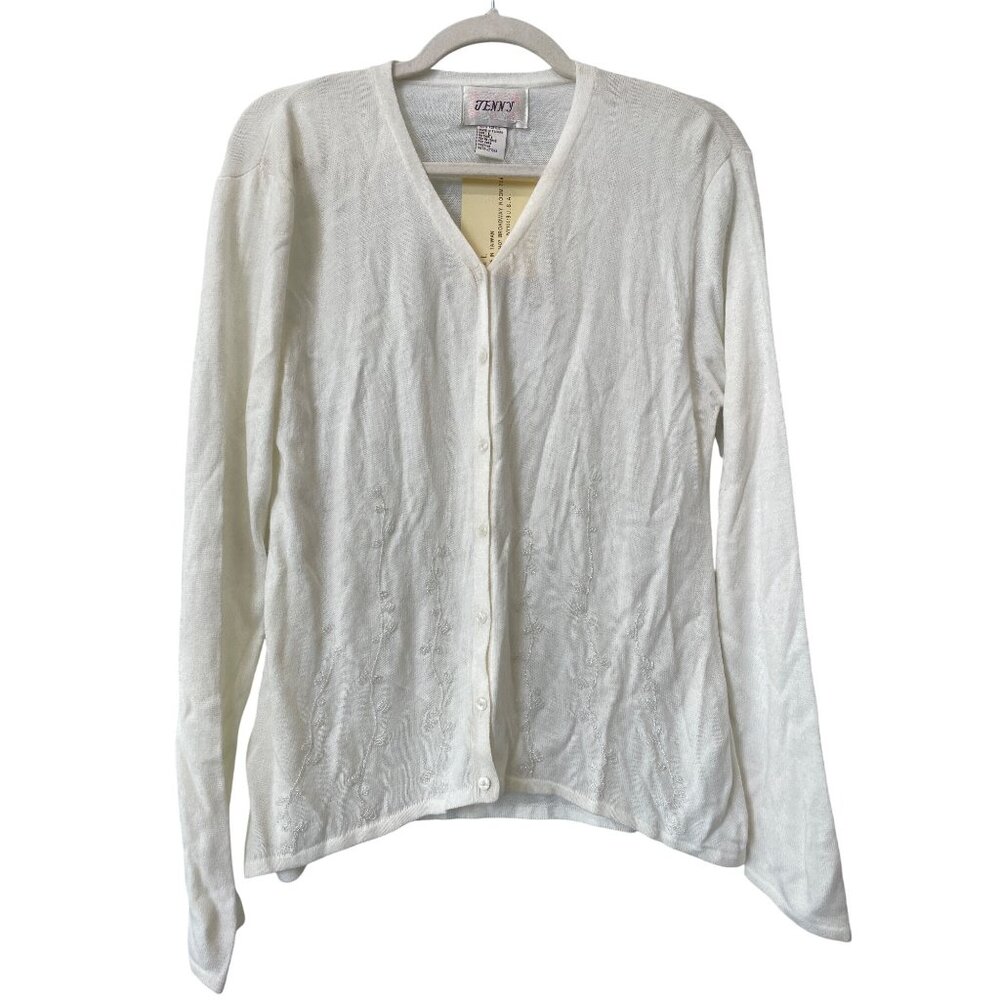 Vintage 90s Jenny Cardigan Size Large Beaded Button Front White Deadstock NEW